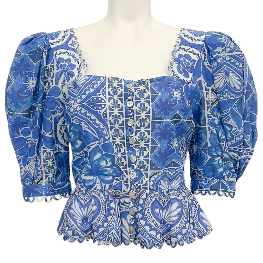 FARM Rio Blue and White Puff Sleeve Peplum Blouse